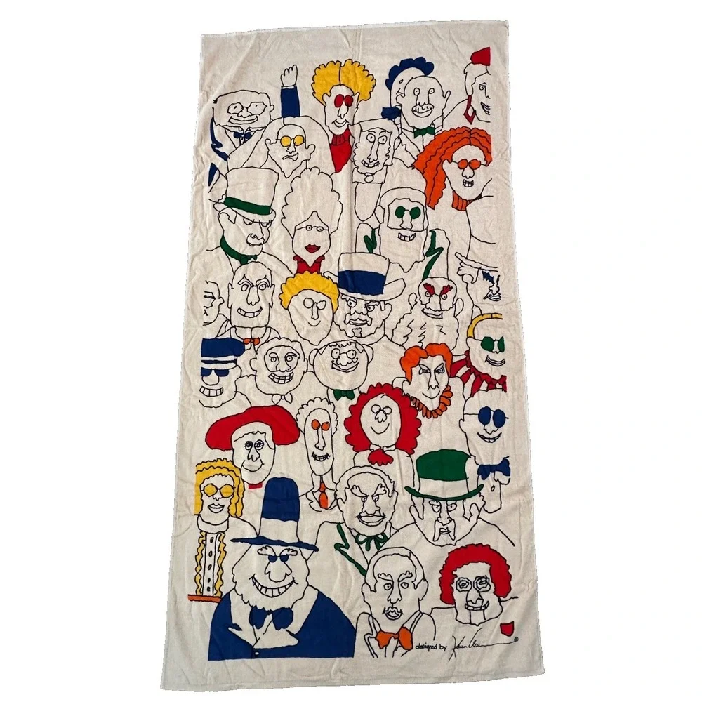 vintage Allen International Large Towel People Faces 60x35 Signed Artist NOS